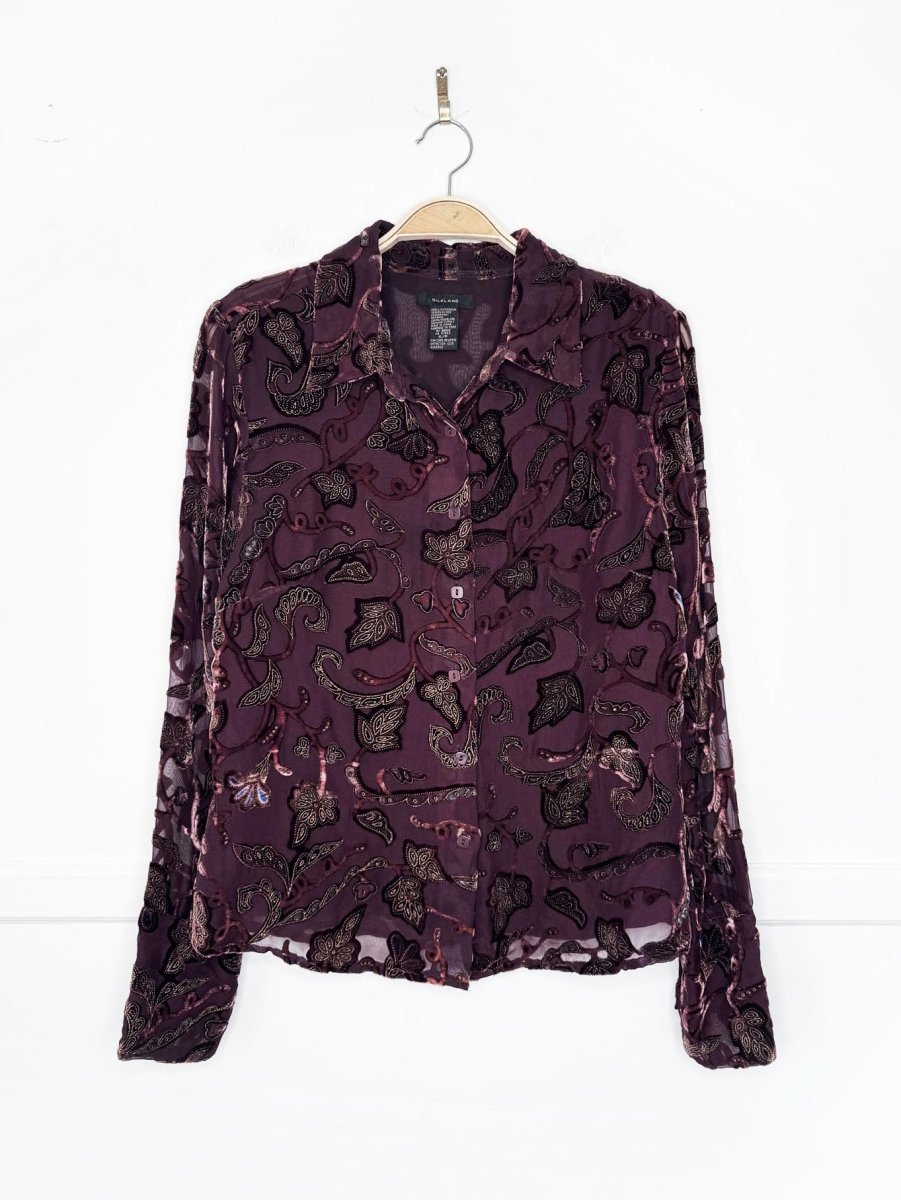 vintage 00s silkland silk-blend velvet paisley sheer full button shirt - good market thrift store