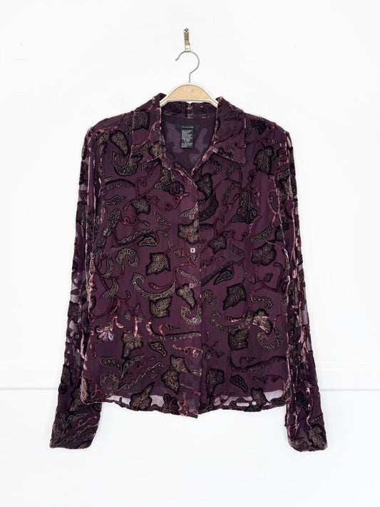 vintage 00s silkland silk-blend velvet paisley sheer full button shirt - good market thrift store