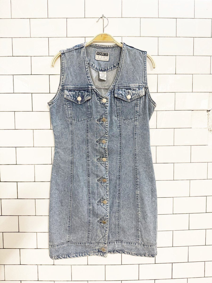vintage 00s squeeze jeans sleeveless full button denim mini dress - good market thrift store