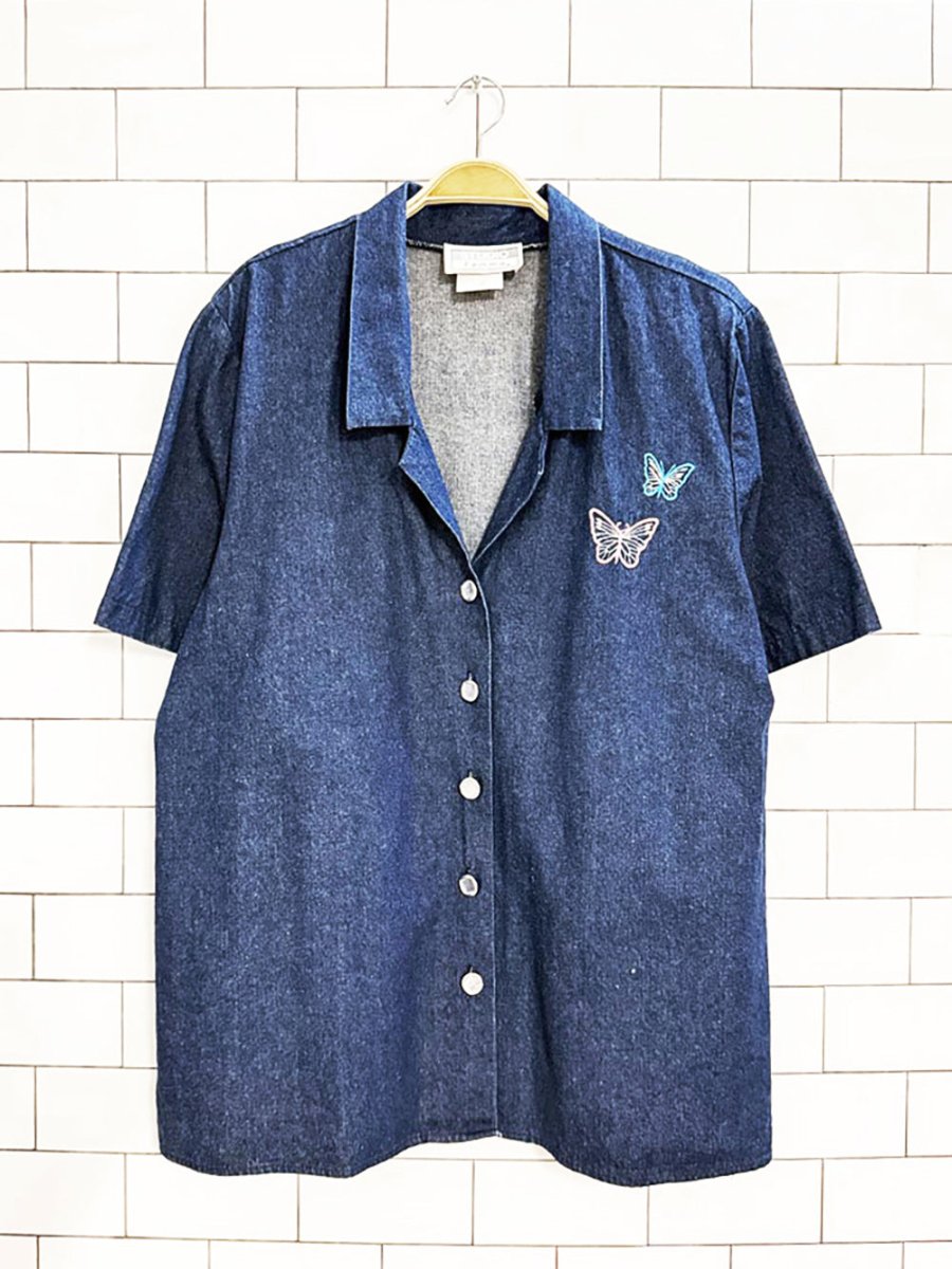 vintage 00s studio femme butterfly embroidered denim shirt | made in Canada - good market thrift store