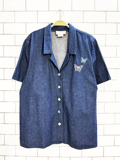 vintage 00s studio femme butterfly embroidered denim shirt | made in Canada - good market thrift store