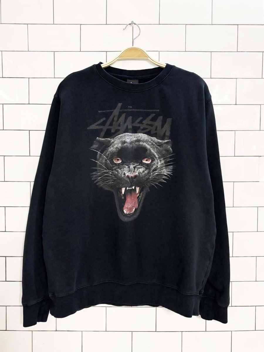 vintage 00s stussy black panther crewneck sweatshirt | made in usa - good market thrift store