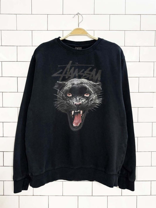 vintage 00s stussy black panther crewneck sweatshirt | made in usa - good market thrift store