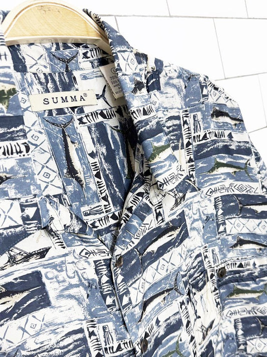 vintage 00s summa silk-blend fishing print full button shirt - good market thrift store