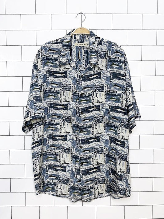 vintage 00s summa silk-blend fishing print full button shirt - good market thrift store