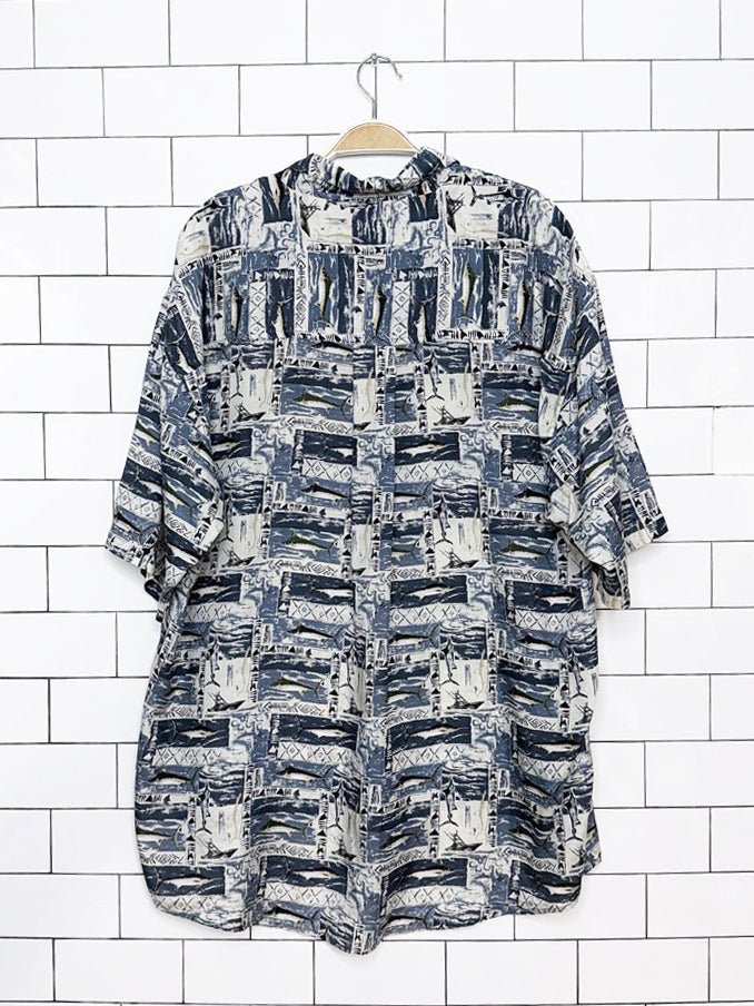 vintage 00s summa silk-blend fishing print full button shirt - good market thrift store