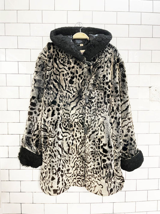 vintage 00s tanjay faux fur animal print hooded coat - good market thrift store