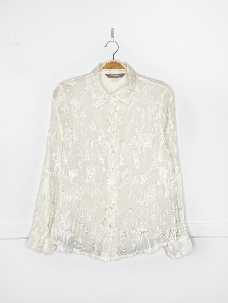 vintage 00s tanjay sheer shimmer floral crinkle full button shirt - good market thrift store