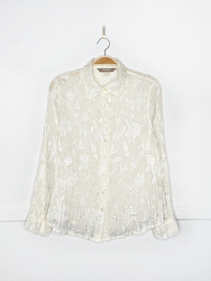 vintage 00s tanjay sheer shimmer floral crinkle full button shirt - good market thrift store