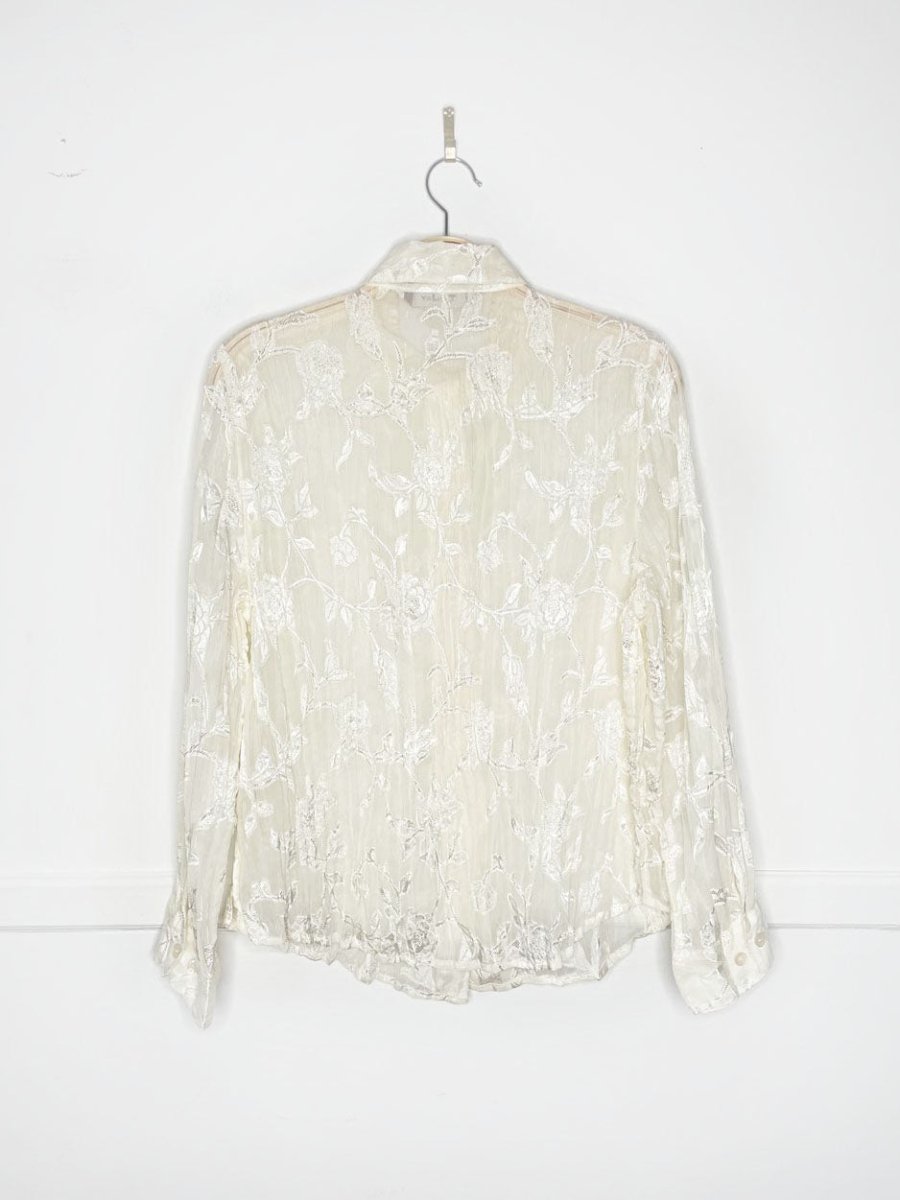 vintage 00s tanjay sheer shimmer floral crinkle full button shirt - good market thrift store