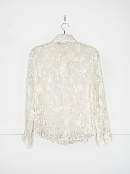 vintage 00s tanjay sheer shimmer floral crinkle full button shirt - good market thrift store