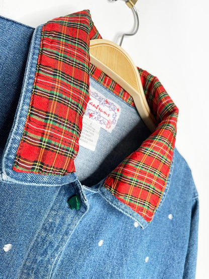 vintage 00s tantrums plaid collar festive denim shirt - good market thrift store