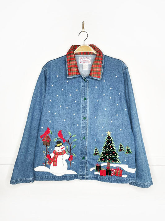 vintage 00s tantrums plaid collar festive denim shirt - good market thrift store