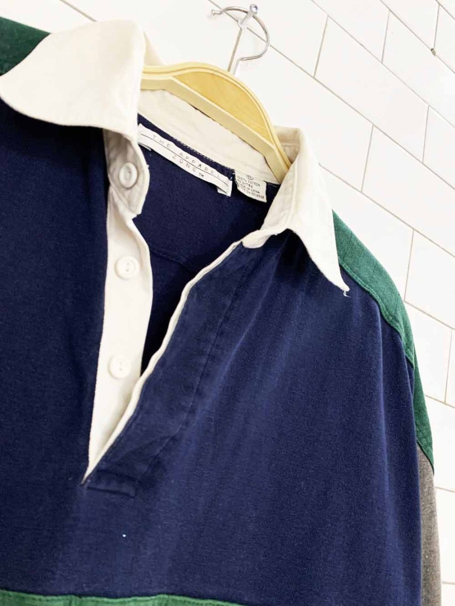 vintage 00s the apparel zone colour block long sleeve rugby polo shirt - good market thrift store