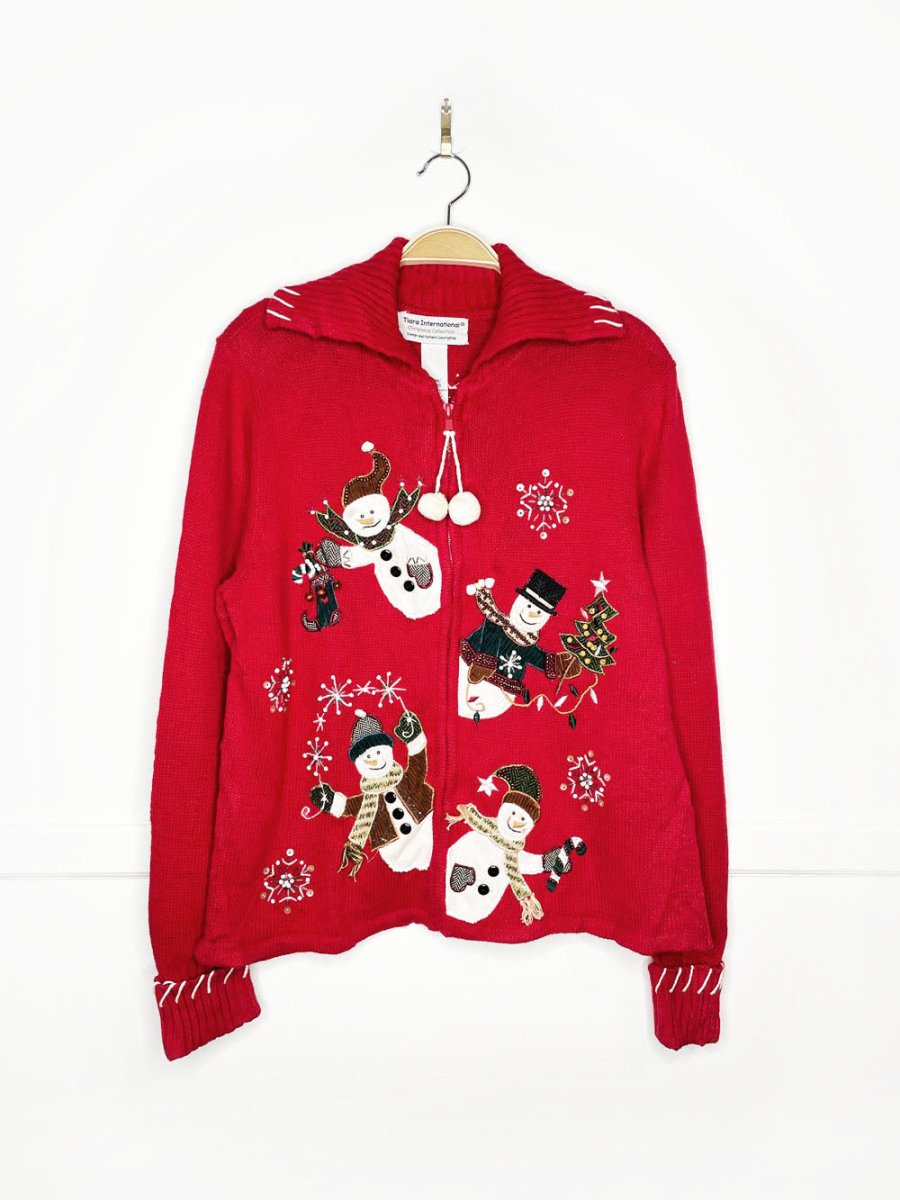 vintage 00s tiara intl snowmen waving full zip knit cardigan - good market thrift store