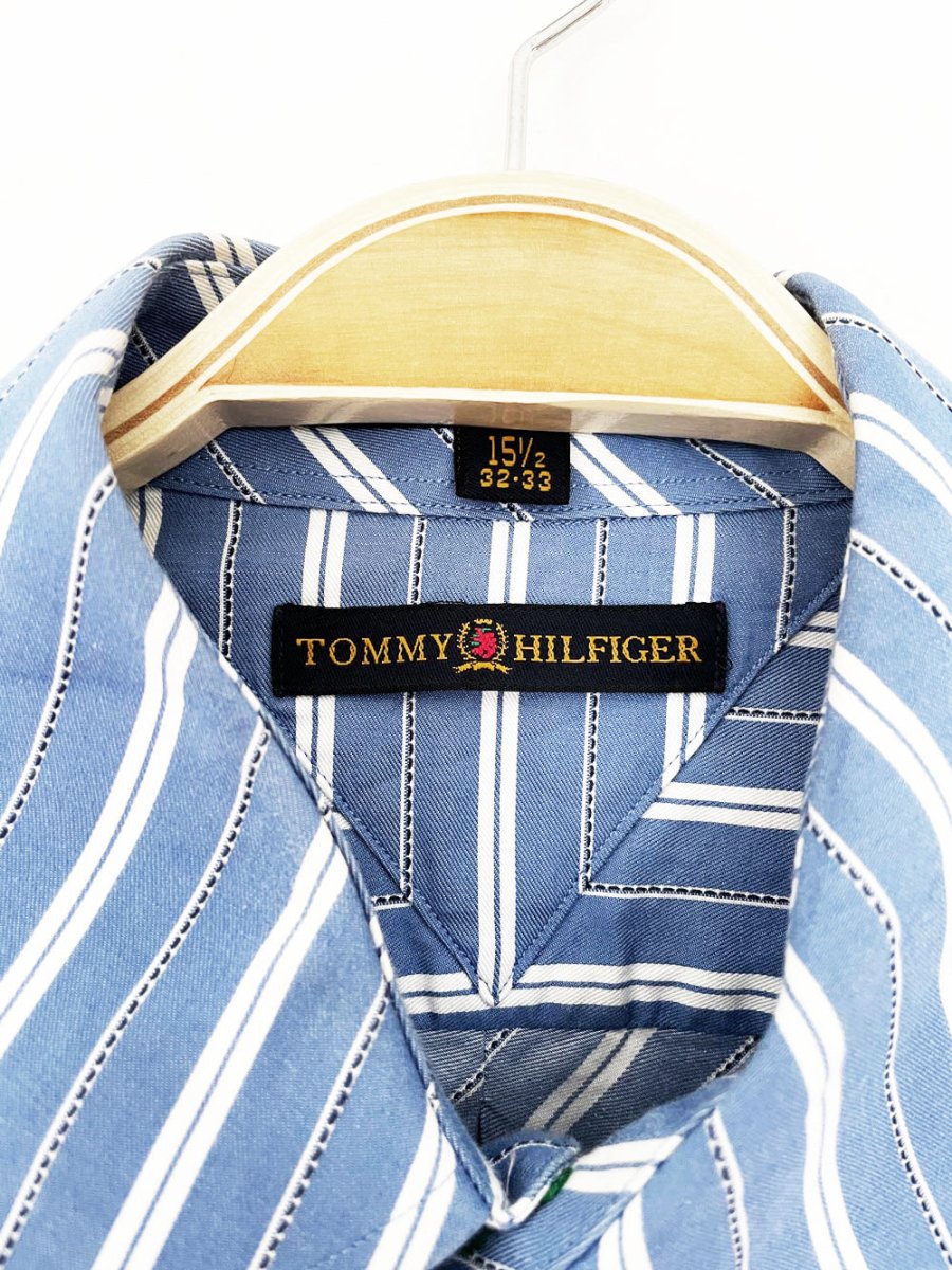 vintage 00s tommy hilfiger diagonal blue stripe full button shirt - good market thrift store