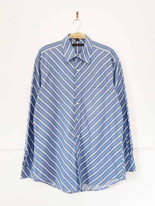 vintage 00s tommy hilfiger diagonal blue stripe full button shirt - good market thrift store