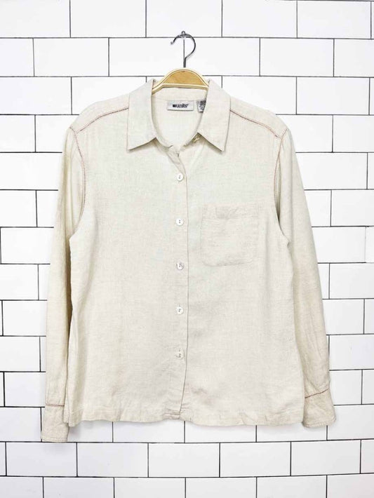 vintage 00s units 100% linen eyelet trim full button shirt - good market thrift store