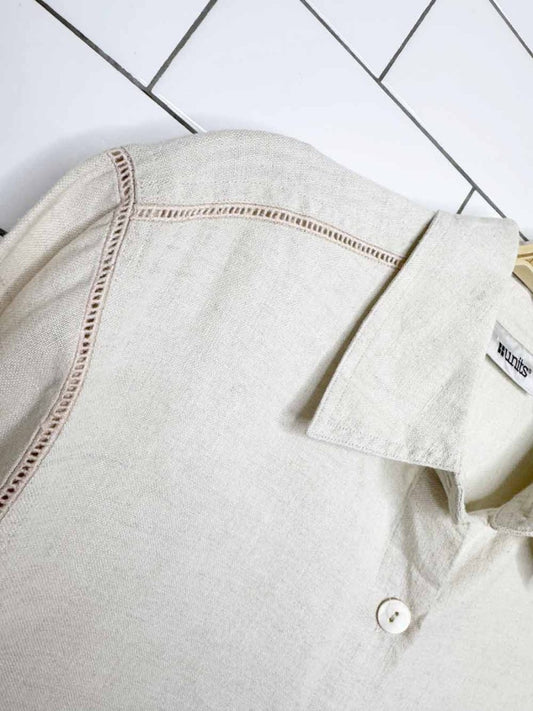 vintage 00s units 100% linen eyelet trim full button shirt - good market thrift store