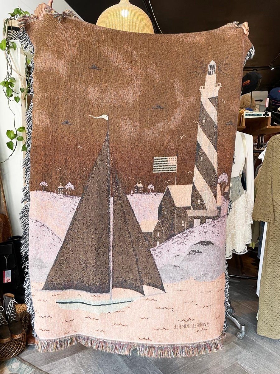 vintage 00s warren kimble sailboat lighthouse woven throw blanket - good market thrift store