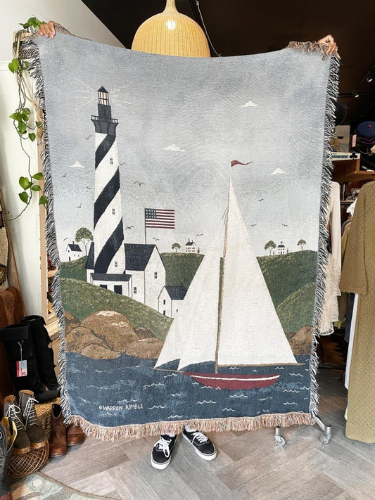 vintage 00s warren kimble sailboat lighthouse woven throw blanket - good market thrift store