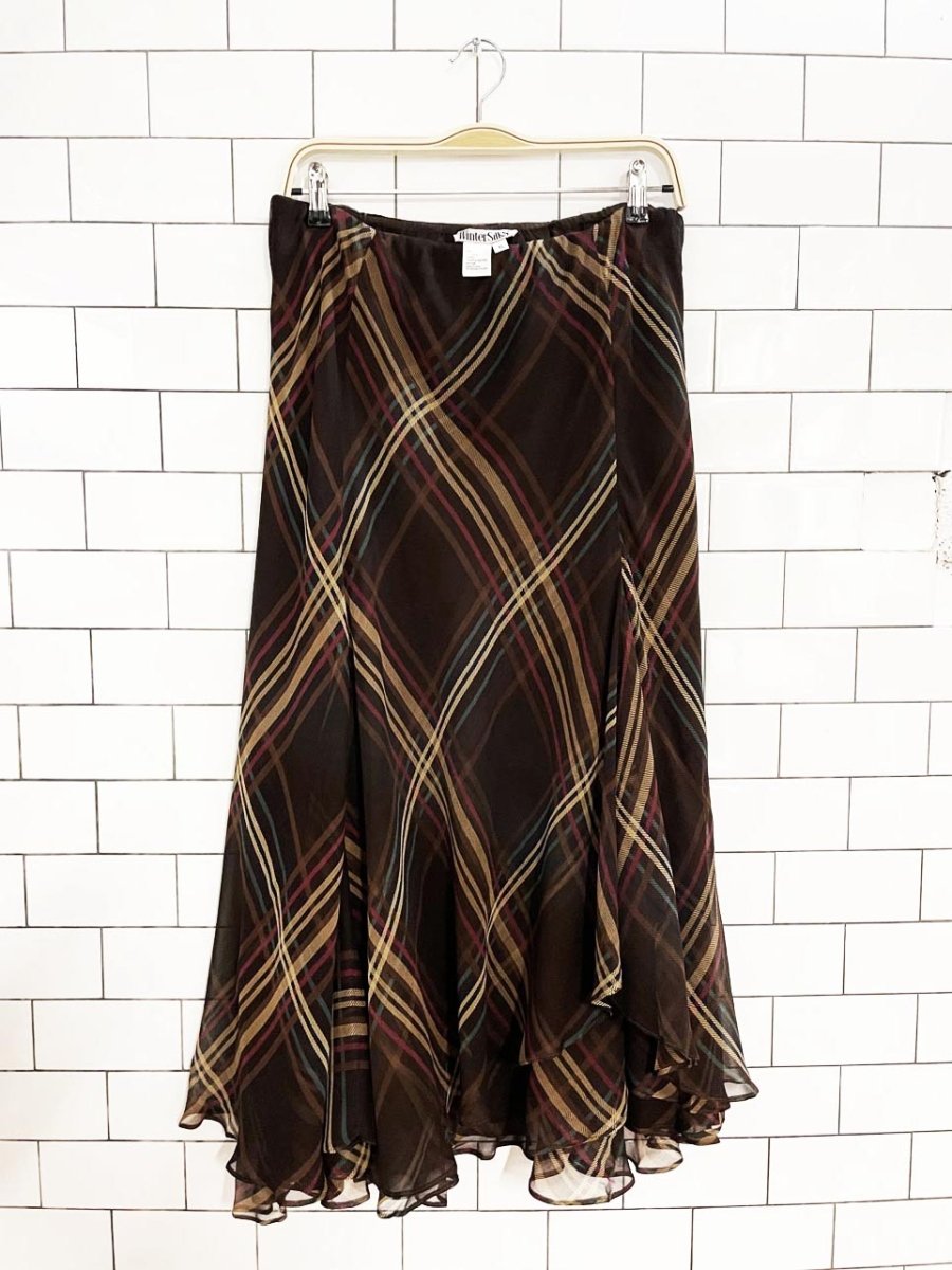 vintage 00s winter silks 100% silk double layer plaid a - line midi skirt - good market thrift store