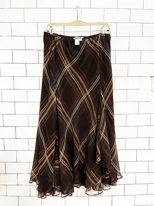 vintage 00s winter silks 100% silk double layer plaid a - line midi skirt - good market thrift store