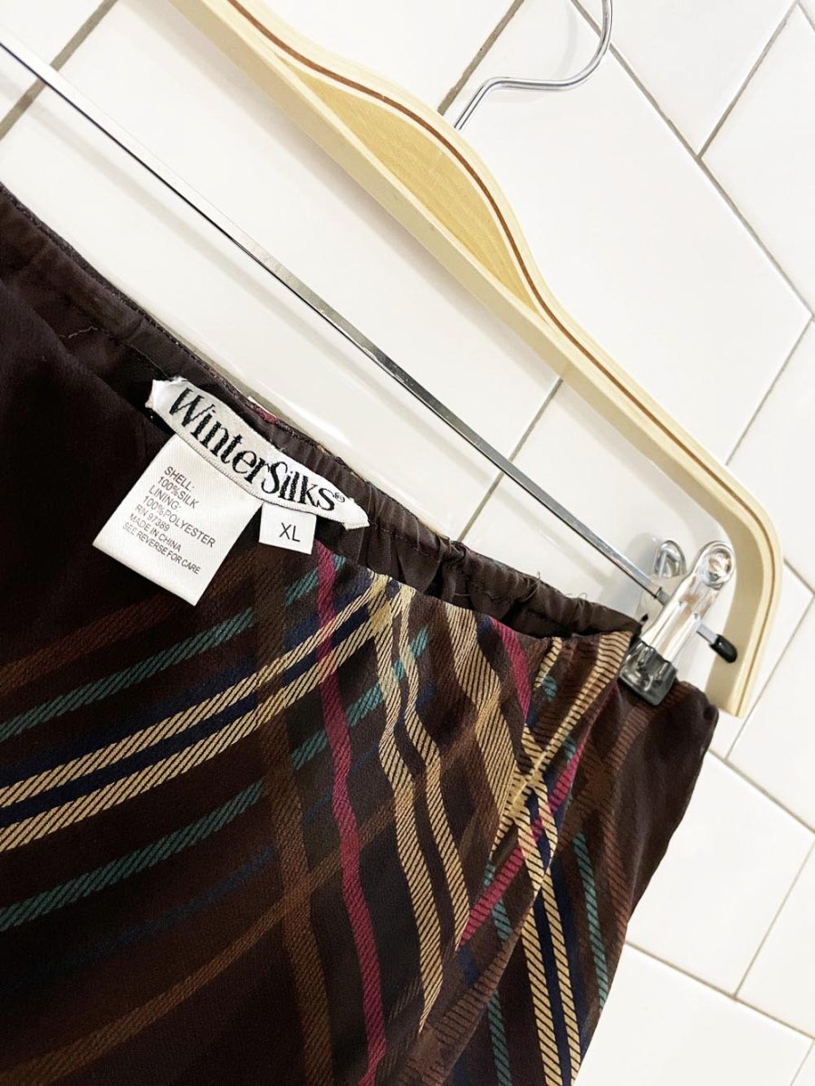 vintage 00s winter silks 100% silk double layer plaid a - line midi skirt - good market thrift store