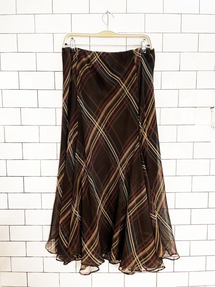vintage 00s winter silks 100% silk double layer plaid a - line midi skirt - good market thrift store