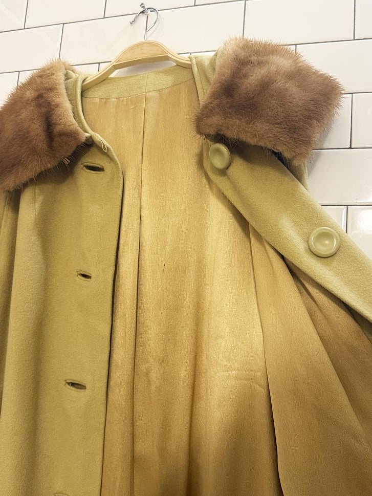 vintage 100% cashmere hand - tailored mink fur collar long coat - good market thrift store