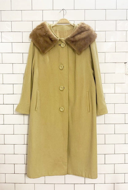 vintage 100% cashmere hand - tailored mink fur collar long coat - good market thrift store