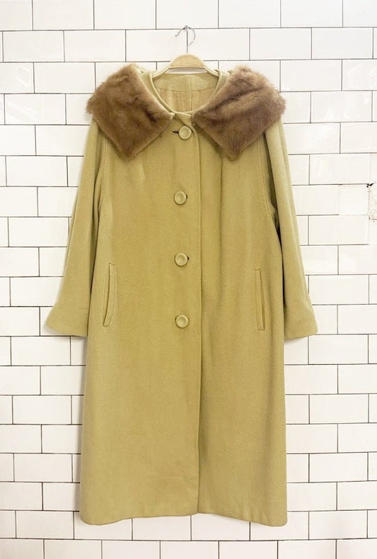 vintage 100% cashmere hand - tailored mink fur collar long coat - good market thrift store