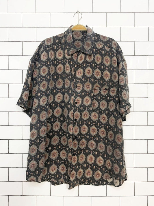 vintage 100% silk floral geometric full button shirt - good market thrift store
