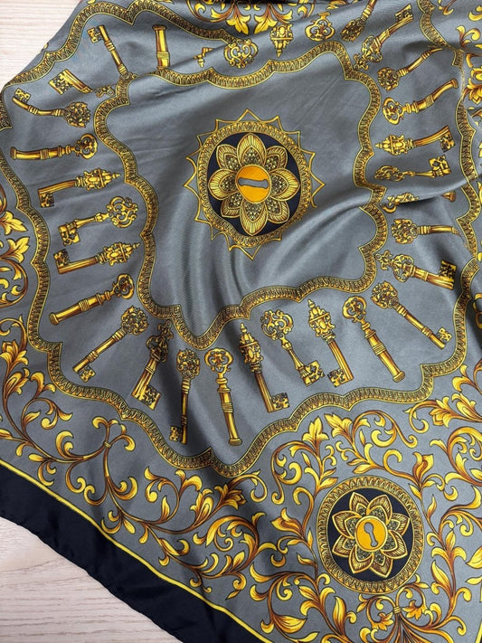 vintage 100% silk key scroll square scarf | rolled edge - good market thrift store