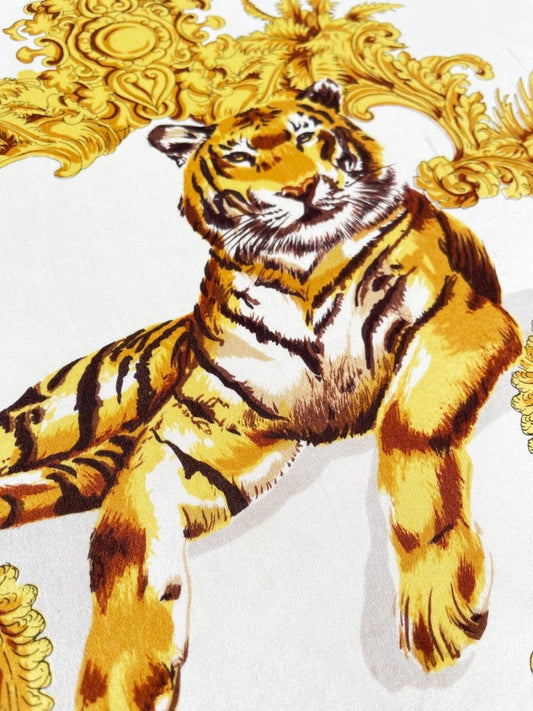 vintage 100% silk tiger gold scroll scarf | hand - rolled edge - good market thrift store