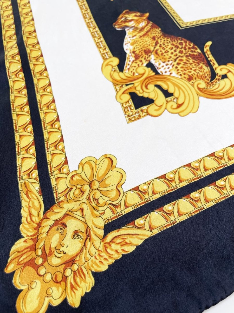 vintage 100% silk tiger gold scroll scarf | hand - rolled edge - good market thrift store