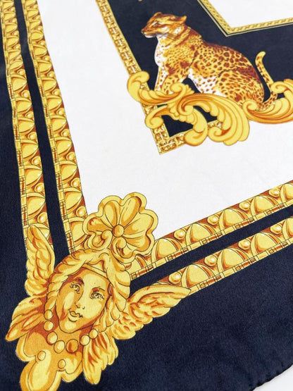 vintage 100% silk tiger gold scroll scarf | hand - rolled edge - good market thrift store