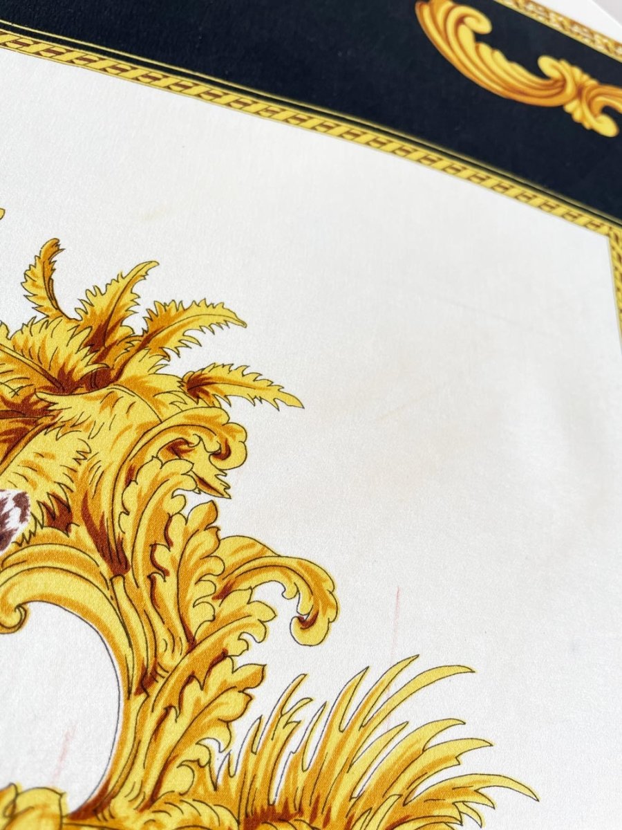 vintage 100% silk tiger gold scroll scarf | hand - rolled edge - good market thrift store