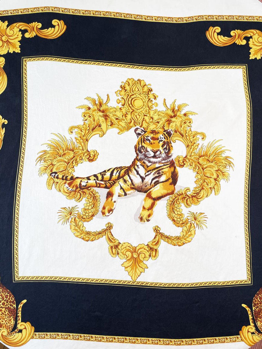 vintage 100% silk tiger gold scroll scarf | hand - rolled edge - good market thrift store