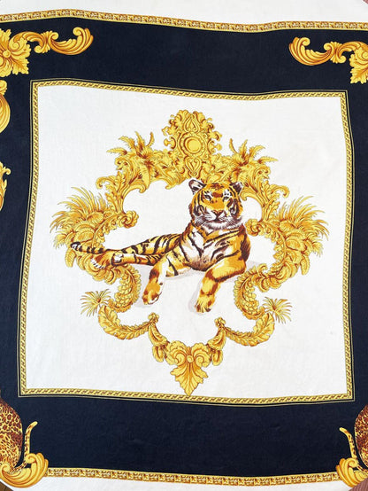 vintage 100% silk tiger gold scroll scarf | hand - rolled edge - good market thrift store