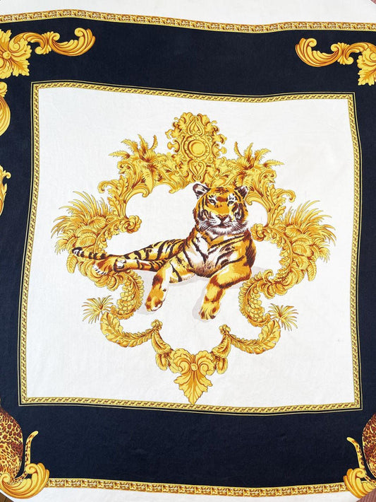 vintage 100% silk tiger gold scroll scarf | hand - rolled edge - good market thrift store