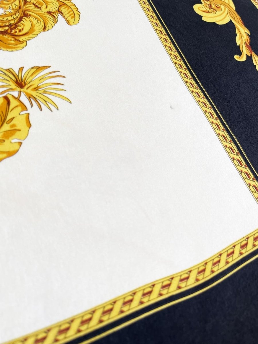 vintage 100% silk tiger gold scroll scarf | hand - rolled edge - good market thrift store