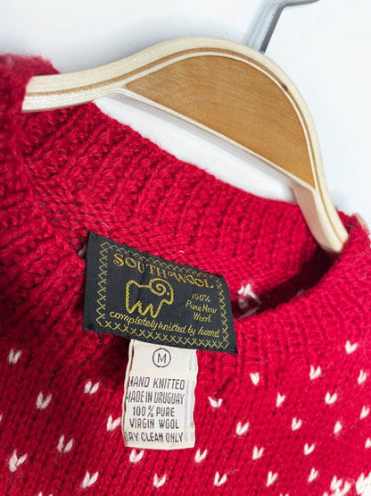 vintage 100% wool hand - knit skiiers + snowflakes chunky knit sweater | southwool - good market thrift store
