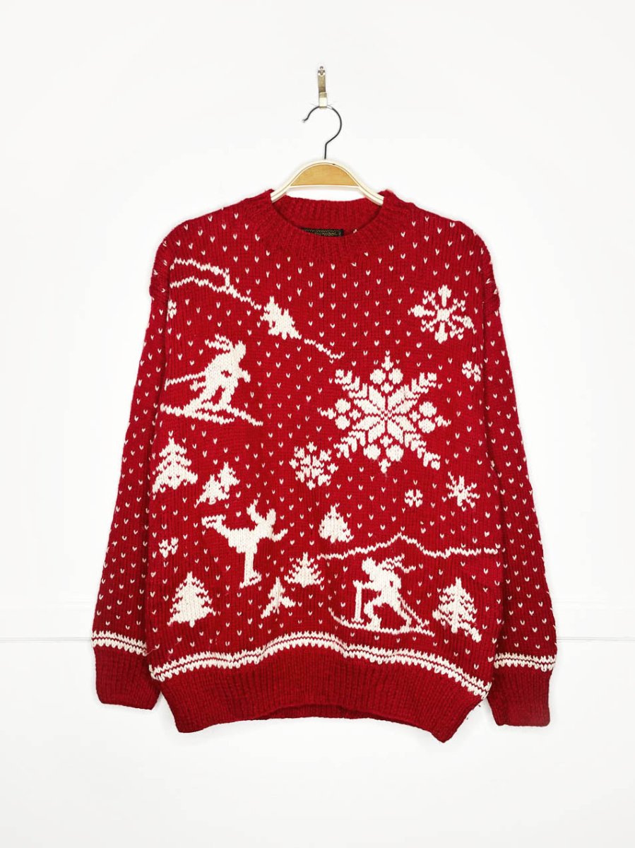 vintage 100% wool hand - knit skiiers + snowflakes chunky knit sweater | southwool - good market thrift store