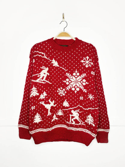 vintage 100% wool hand - knit skiiers + snowflakes chunky knit sweater | southwool - good market thrift store