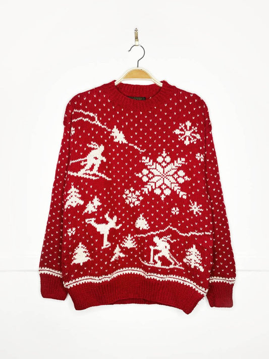 vintage 100% wool hand - knit skiiers + snowflakes chunky knit sweater | southwool - good market thrift store