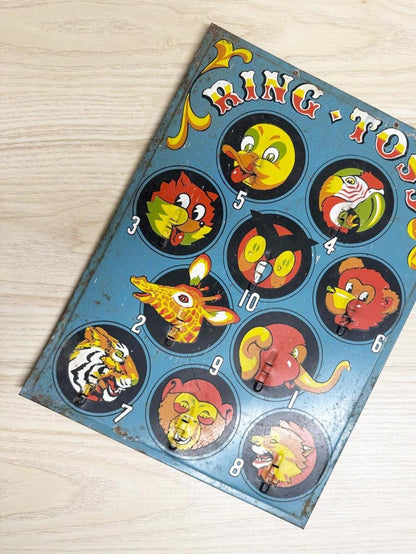 vintage 50s animal carnival ring toss tin poster - good market thrift store