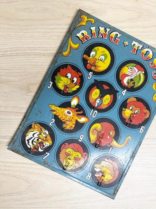 vintage 50s animal carnival ring toss tin poster - good market thrift store