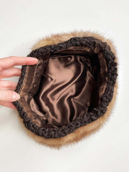 vintage 50s mink trim brown persian lamb coat with matching hat - good market thrift store