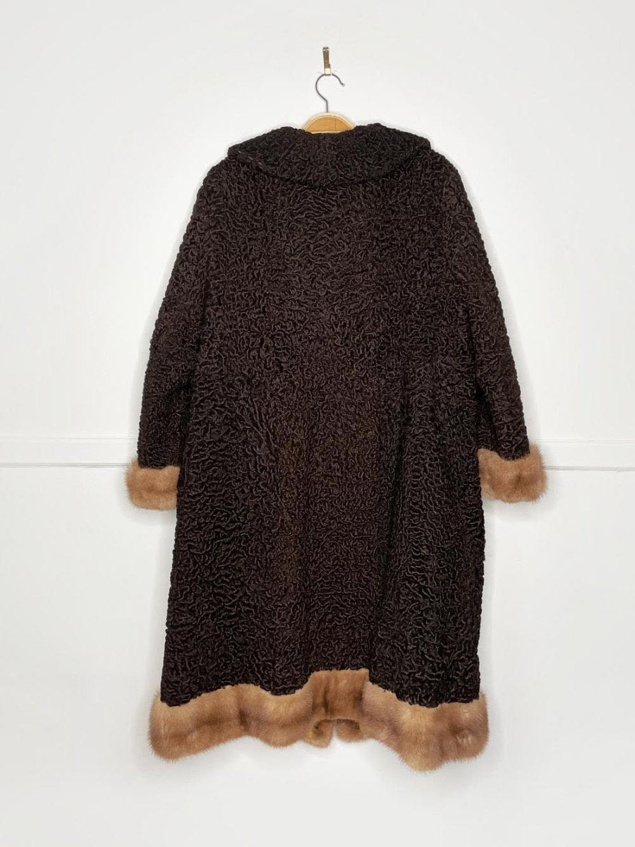 vintage 50s mink trim brown persian lamb coat with matching hat - good market thrift store
